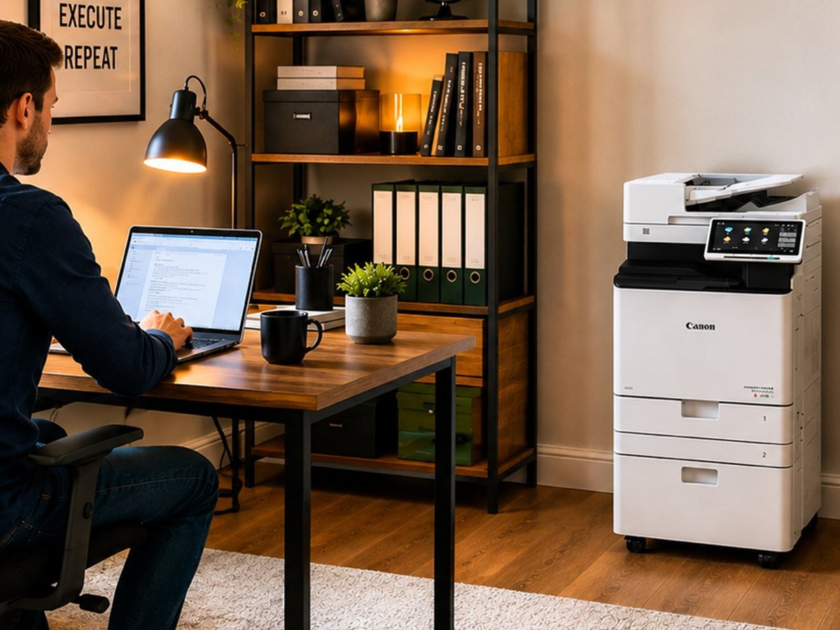 Man working at desk with laptop in home office with wooden shelving and a Canon multifunction printer on the floor