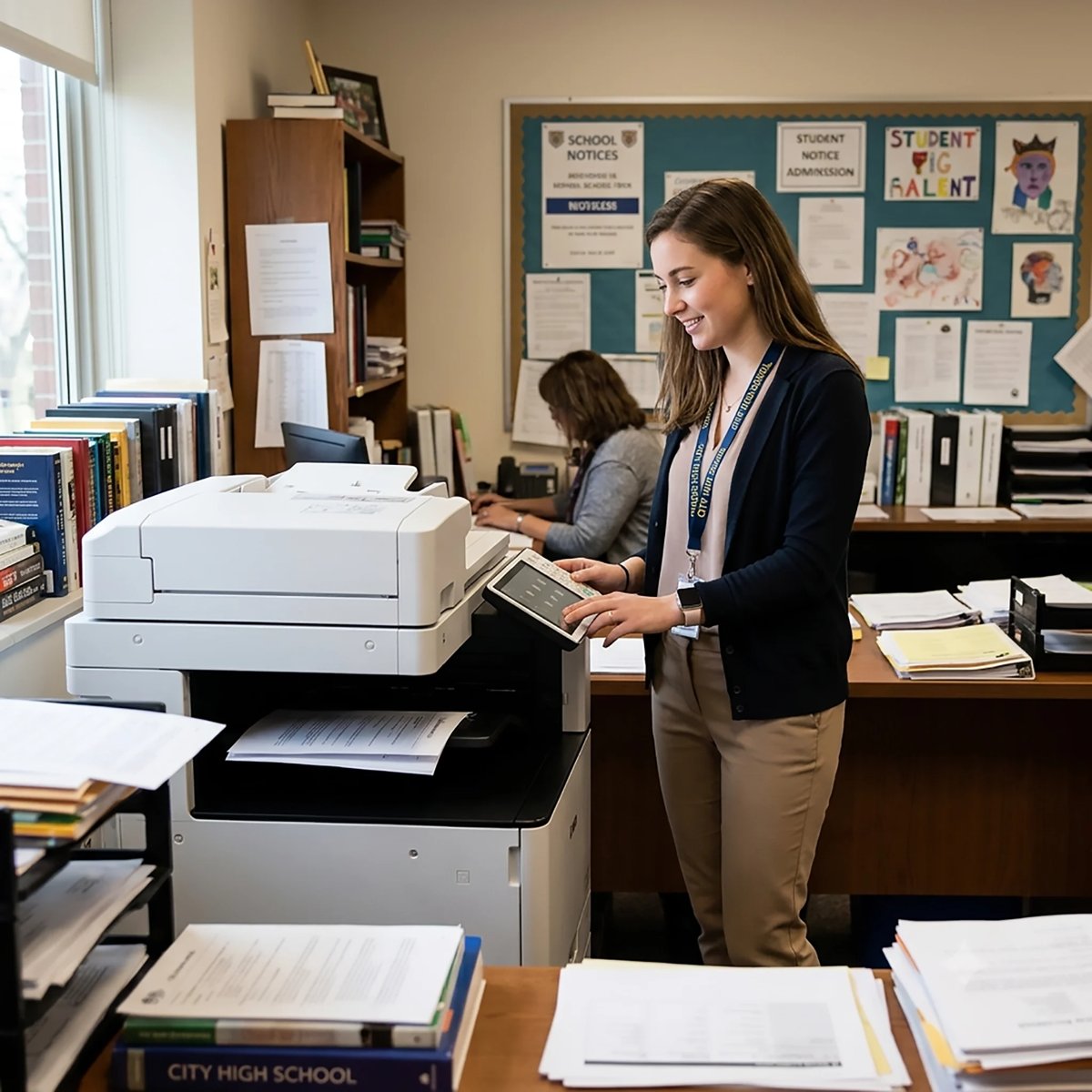 Woman in office with lanyard using multifunction printer while coworker works at desk in school classroom with bulletin board.
