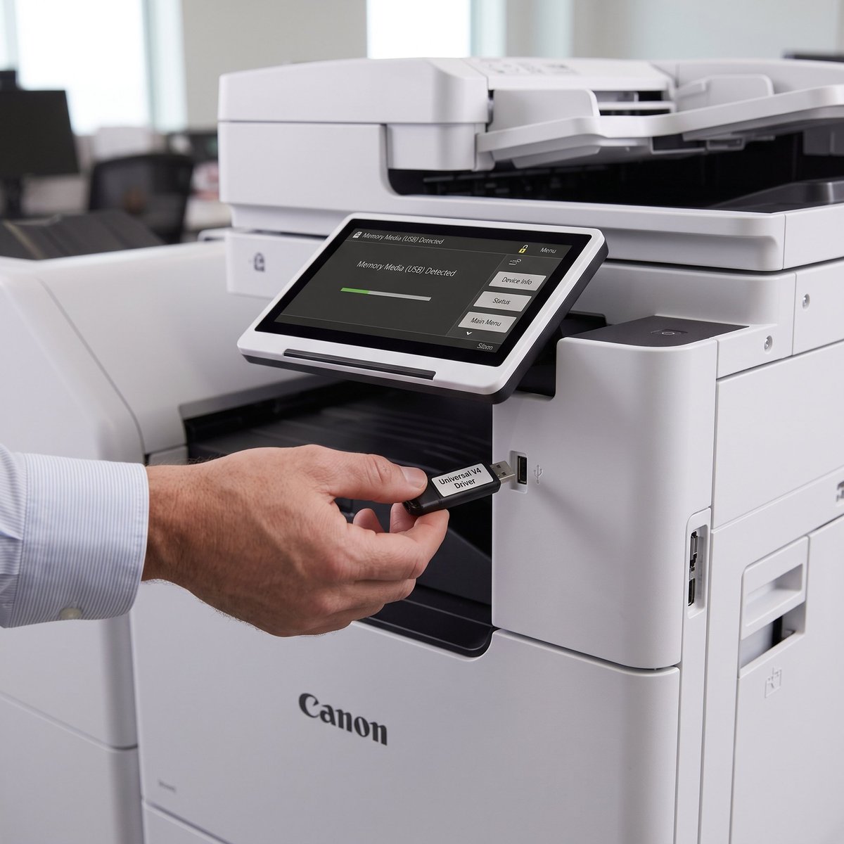 Person inserting a security key into a Canon multifunction printer with touchscreen display in an office setting