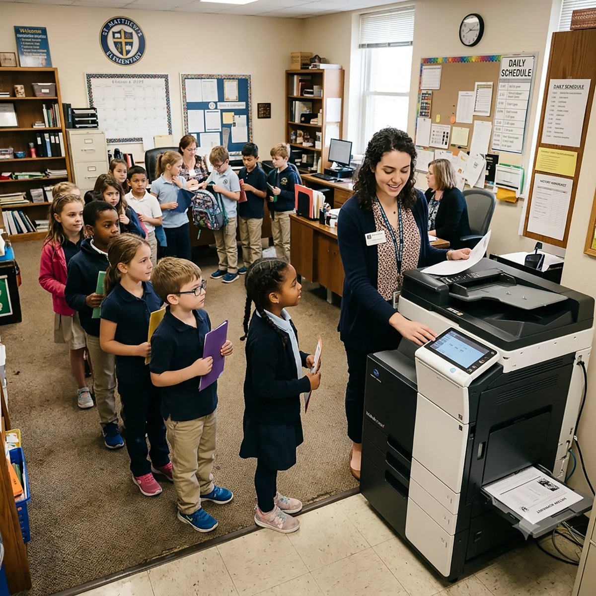 A teacher demonstrates a multifunction printer to a line of elementary school students in a classroom office area.
