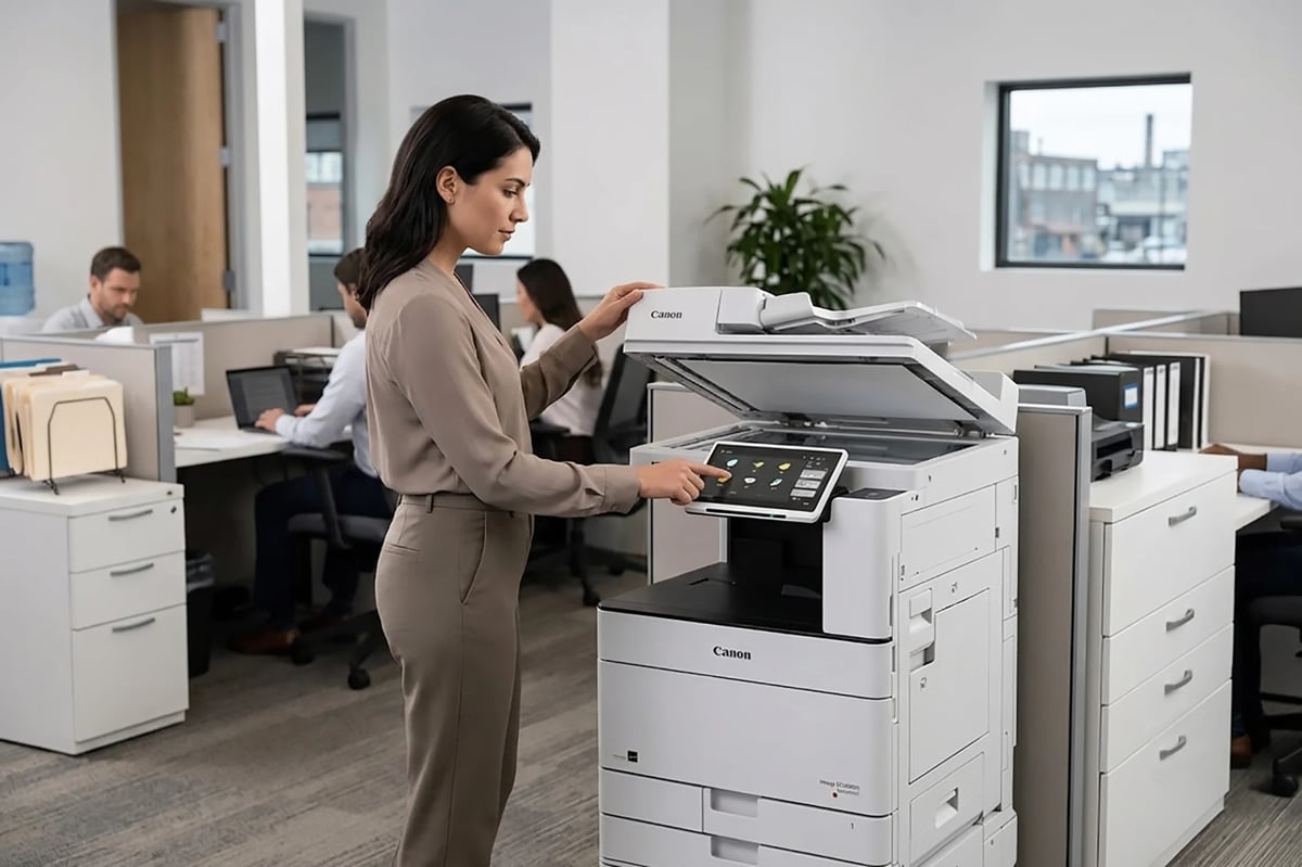 Business woman using a multifunction printer in a modern office with colleagues working in background