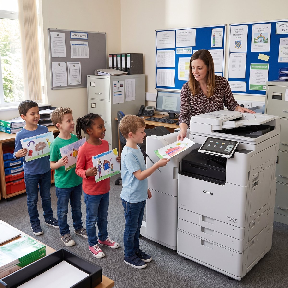 Teacher instructing four young students at a multifunction printer in a classroom office setting