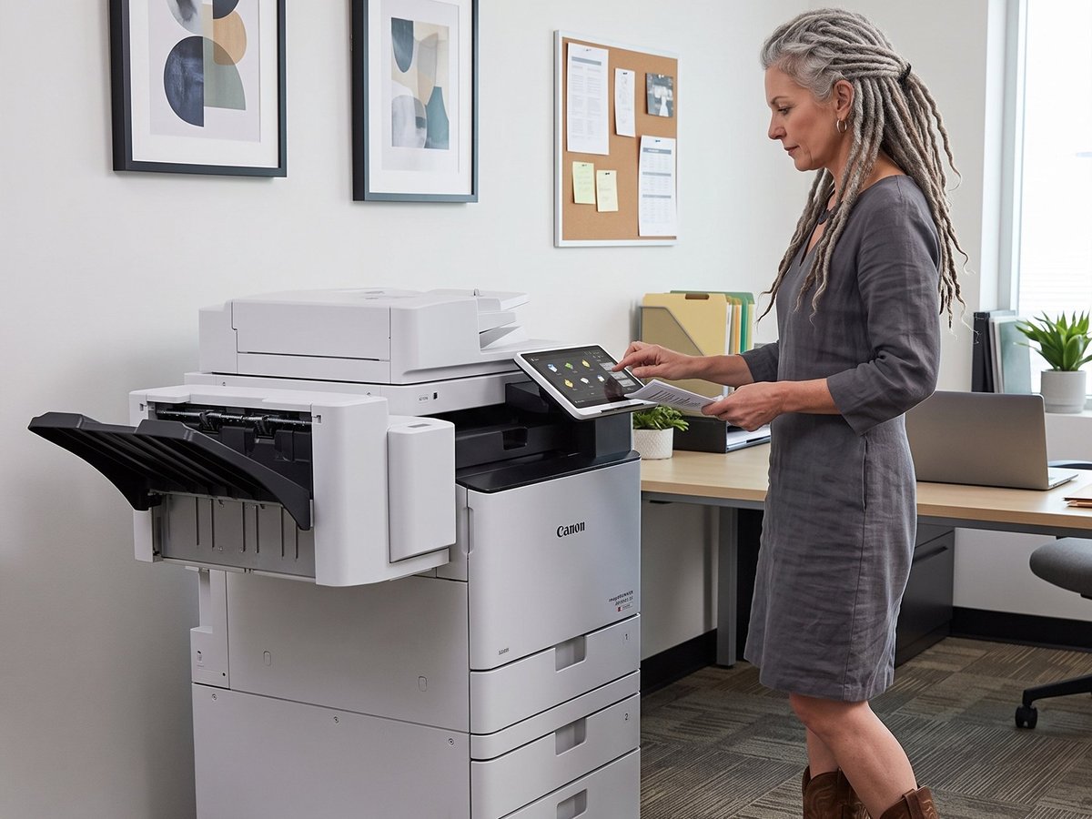 Woman with gray hair using a multifunction printer in a modern office setting with wall art and desk accessories