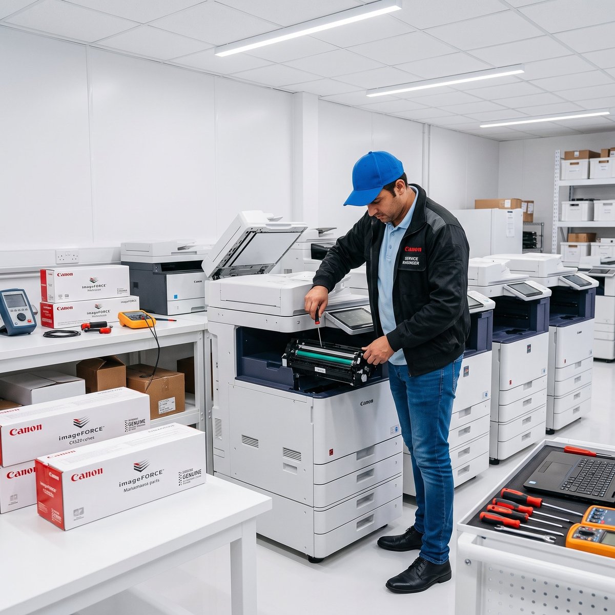 Technician in blue hard hat servicing a large office printer in a well-lit supply room with equipment and boxes