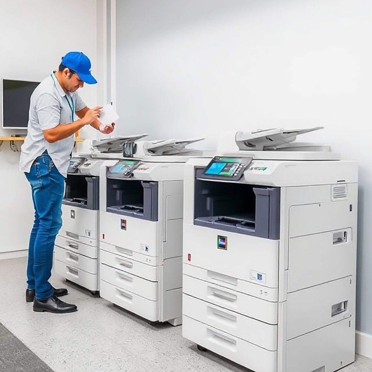 Technician in blue cap and work clothes operating office multifunction printers in an indoor facility